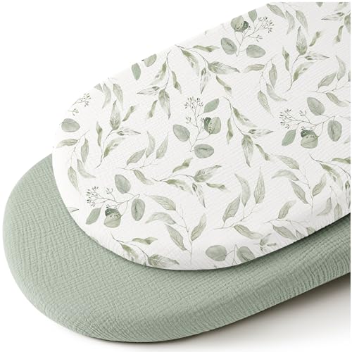 Image of Konssy Muslin Bassinet Sheets for Baby Girl Boy, 2 Pack Soft Breathable Baby Bassinet Mattress Sheets Fit for Hourglass Oval Cradle, Moses Basket Rectangle Mattress (Green, Green Leaves)