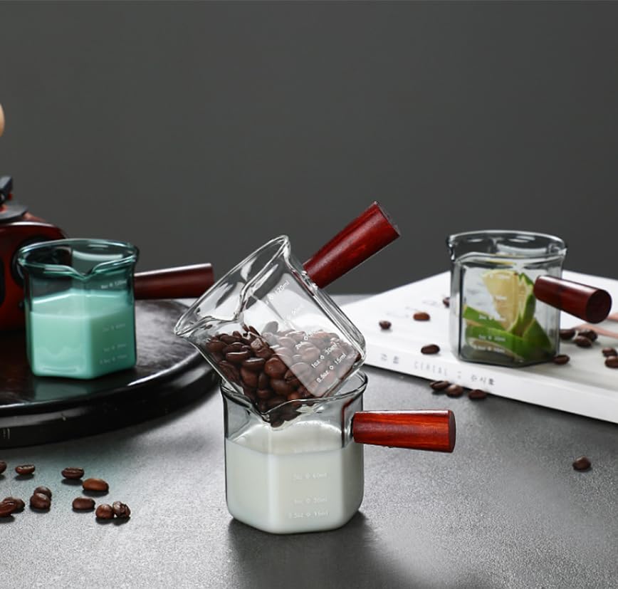 Vaso medidor espresso 120ml doble pico con mango madera miniatura 3