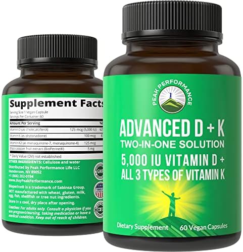 Advanced Vitamin D 5000 IU with All 3 Types of Vitamin K by Peak Performance. Vitamin D3 and Vitamin K2, K1, MK-7 (MK7), MK4 Supplement. 60 Small and Easy to Swallow Vegetable Pills (5000 IU)