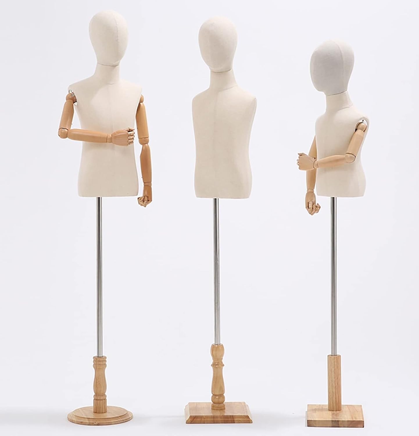 Child Mannequin Dress Form with Wooden Arms & Base, Adjustable Height Unisex Kids Torso Display Stand(Rectangle Base,6 Years Old)