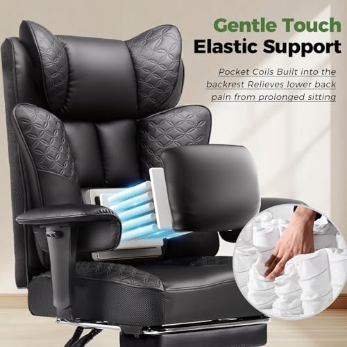 Image of GTPLAYER Big and Tall Office Chair Wide Ergonomic Gaming Chair with Deluxe Embossing Designed Leather with Foot Rest,150Reclining Adjustable Soft Armrests Pocket Spring Back Support and Pillow