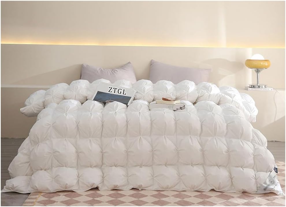 ZTGL Goose Down Comforter Full/Queen Size 800 Fill Power, High Density Cotton Winter King Size Feathers Down Duvet Comforter, Heavyweight Cloud Fluffy Pinch Pleat Extra Warmth,White,200×230cm/3.2kg