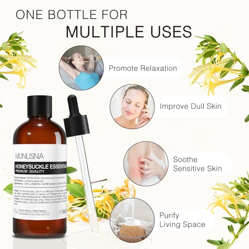 Image of Honeysuckle Essential Oil, Aromatherapy Oil for Skin Body Hair Care | Pure and Natural, Honeysuckle Oils for Massage, Home, Diffuser, DIY Soap and Candle Making, 100ML / 3.38 fl oz