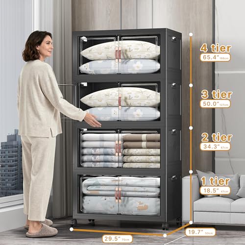 Image of UAMFURI 672QT Lockable Storage Bins with Lids - Stackable Storage Cabinet with Doors and Wheels, Collapsible Plastic Organizer and Containers for Bedroom Dorm Office Garage, 4 Pack Cubes
