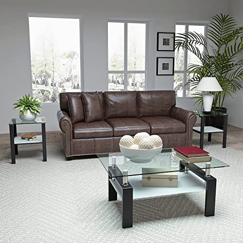 Oduse-Daily Glass Coffee Table Set Of 3 Piece, Glass Coffee Table And End Table Sets, Living Room Table Set Of 3 Pcs, Black Metal Legs, Clear Tempered Glass #TOP1