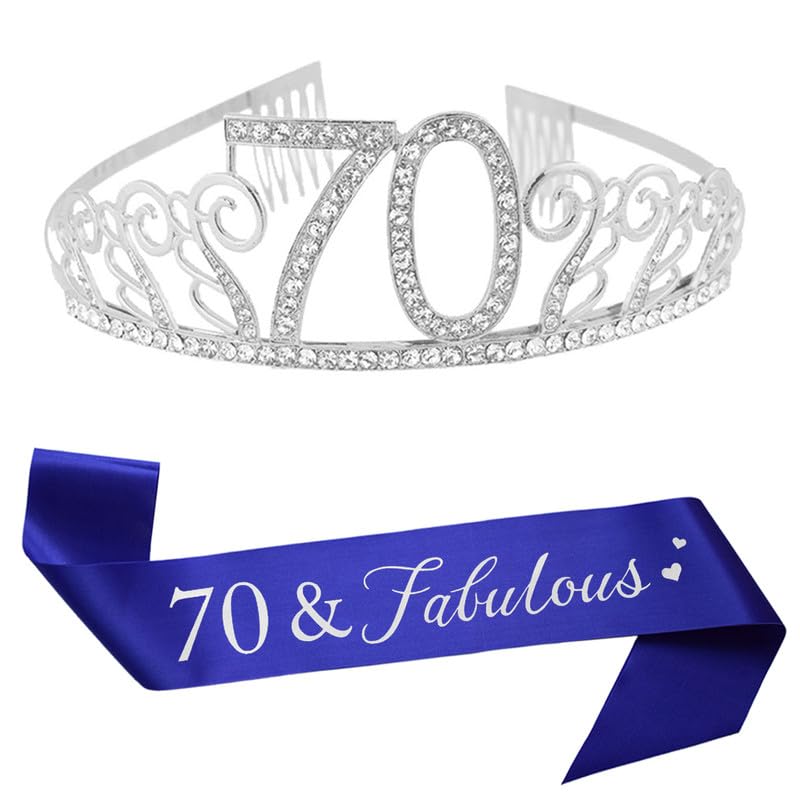 70th Birthday Tiara and Sash Blue Satin Sash Tiara for 70th Birthday Party Supplies Favors Decorations Kit