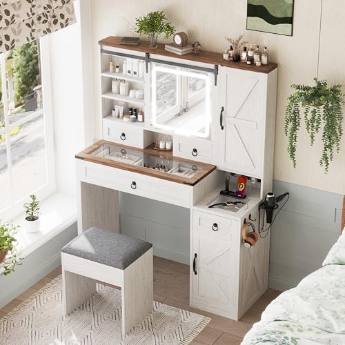 Image of JIVOIT Farmhouse Vanity Desk with Sliding Mirror, Vanity Set with Stool, Dressing Table with 4 Drawers and 2 Cabinets, Glass Top, Side Hooks & Cup Holder, Easy Assembly (White,37)