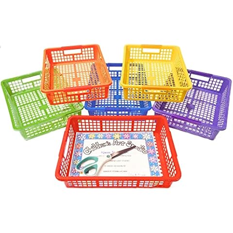 Podzly Colored Storage Bins - Set of 6 Stackable Rainbow Rectangle Baskets for Teacher or Student Paper Trays, Classroom Library, Toy Cubby, Desk and Office Table Organization (13 x 9.75 x 3 Inches) Cover