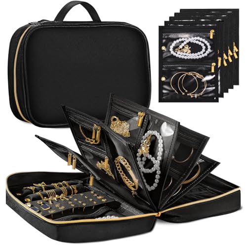 KPWEPK Travel Jewelry Organizer - Imitation Leather Travel Jewelry Case with Adjustable Pages, Jewelry Bag for Earrings,Rings,Necklaces,Bracelets-Perfect,Waterproof, Ideal for Trips & Gifts (Black)