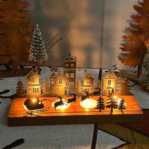 Kerzenhalter aus Holz mit Metallsilhouetten und Platz für 4 Kerzen oder (LED-)Teelichter. Maße 28,5cm breit und 12,5cm hoch.