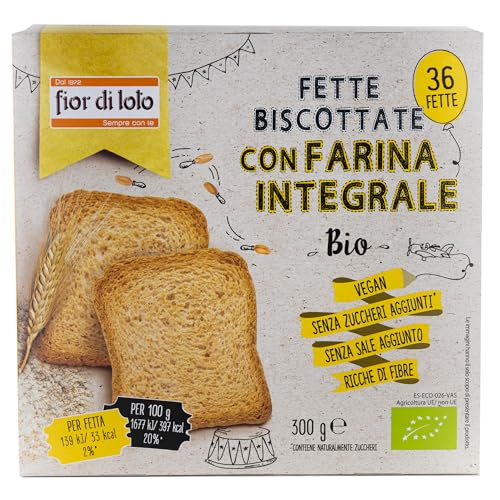 Fior di Loto Fette biscottate integrali biologiche senza zucchero - Gusto delicato e realizzate con ingredienti naturali - Perfette per una pausa leggera ed equilibrata - 300 g