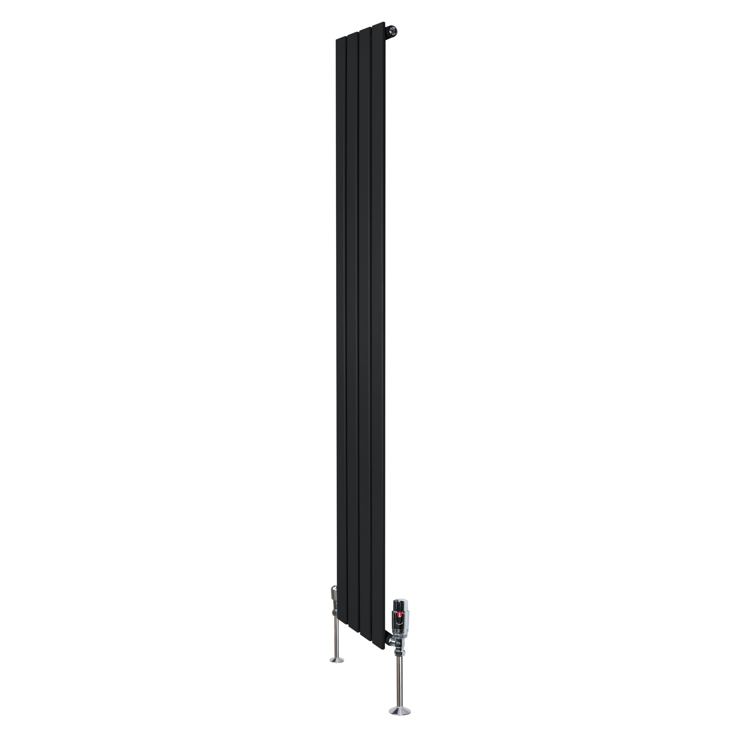 Monster Shop Black Flat Single Column Radiator 1800Mm X 280Mm & Trv Chrome Valves Modern Designer Single Panel Central Heating Heater Carbon Steel Vertical Free Cleaning Brush Fixing Kit & Brackets