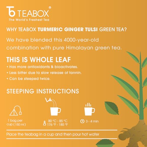 Image of Teabox Turmeric Ginger Tulsi Green Tea Bags 25 Pieces | Flavorful & Soothing | Made with Whole Leaf, Natural Ginger, Turmeric & Tulsi