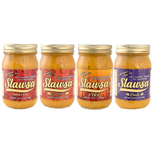 Slawsa All-Natural Gluten-Free The Gourmet Topping for Everything Certified Kosher Variety - Original, Spicy, Garlic, and Fire 16 oz 4 pack