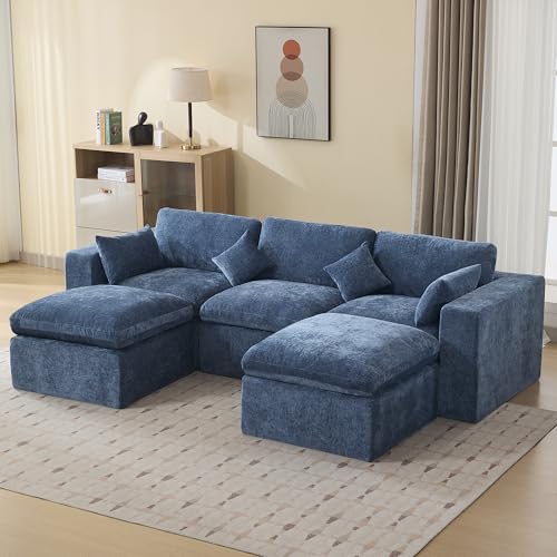 Image of 115'' Cloud Boneless Sectional Couch, Modular Sectional Sofa Deep Seat with 2 Ottomans, Oversized Upholstered Convertible Comfy 5 Seater Chenille Sofa U Shape Couches for Living Room, Blue