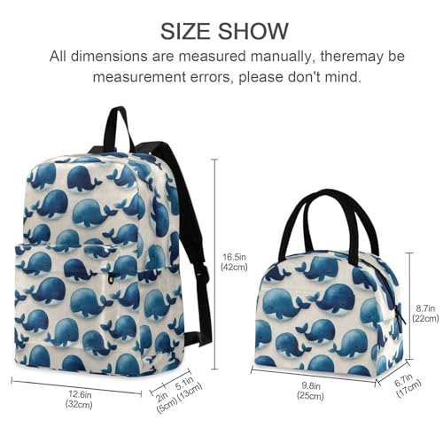 Cute Whale Print Backpack Set with Lunch Bag, Large Capacity Travel Backpacks and Lunch Box Insulated for Commute Hiking Picnic2