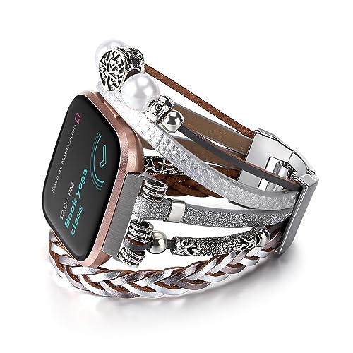 CHARMINGO Boho Leather Wrap Band Compatible with Fitbit Versa 3&4 Bands/Fitbit Sense/Sense 2 Bands for Women Men, Multilayer Wrap Bracelets Handmade Leather Fitbit Smartwatch Strap, Silver
