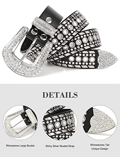 Xzqtive Rhinestone Studded Western Leather Belt For Men- Women Ladies Vintage Cowgirl Cowboy Bling Design Waist Belts For Pants Jeans Dresses (Black, Fit Pant 27-32 Inch) #TOP5