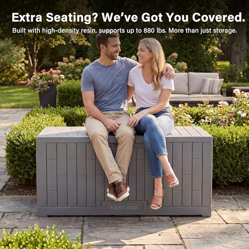 Image of EAST OAK Outdoor Storage Box, 100 Gallon Deck Box, Waterproof Resin Storage Bench for Patio Cushions, Gardening Tools, Pool Toys, Lockable, UV Resistant, Grey