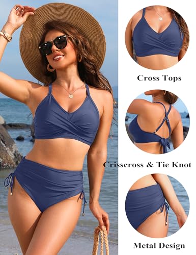 Image of Blooming Jelly Womens High Waisted Bikini Sets Drawstring Tummy Control Swimsuits Crisscross Tie Back Bathing Suit