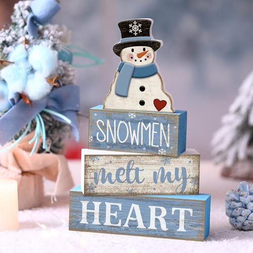 Image of Moucuny 4 Pcs Winter Table Decorations Blue and White Snowman Decor Winter Tiered Tray Decor Valentines Day Centerpiece Rustic Decorative Hat Snowman Block Signs Gift Farmhouse for Home Kitchen Shelf