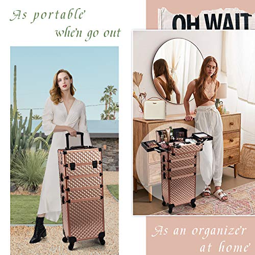 Stagiant Rolling Makeup Train Case Large Storage Cosmetic Trolley 4 in 1 Large Capacity Trolley Makeup Travel Case with Key Swivel Wheels Salon Barber Case Traveling Cart Trunk - Rose Gold