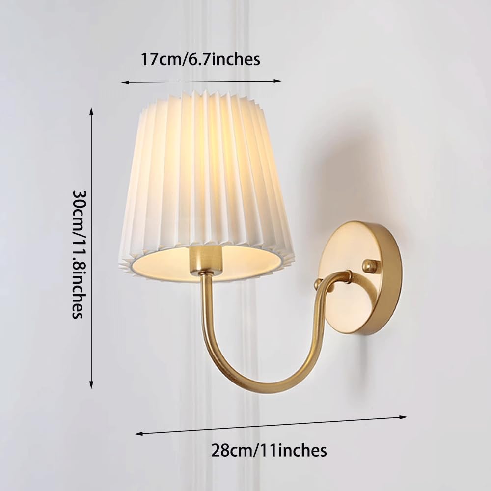 Aplique de Pared de Tela Plisada, lámpara Industrial Retro, candelabro de Metal con Acabado Dorado, portalámparas E14, lámparas de diseño de Mediados de Siglo para mesita de Noche
