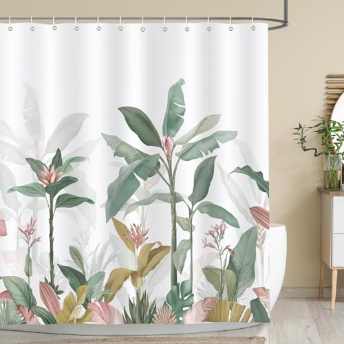 Bonhause Cortina de Ducha Hojas de Plátano Tropical Palma Planta Verde Cortina de Baño de Poliéster Impermeable Antimoho Lavable Cortina Ducha 180 x 180 cm con 12 Ganchos