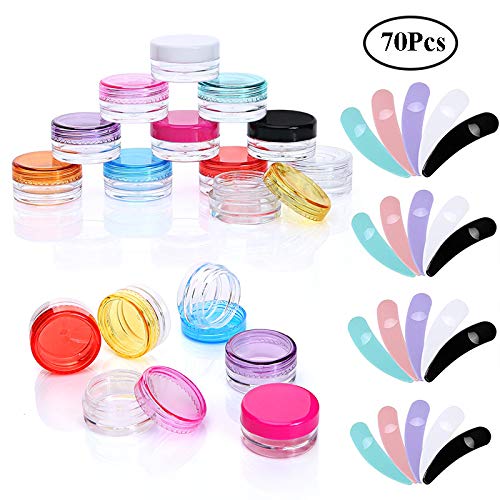Xmasir 50 Pieces Multi-Purpose 5 Gram Plastic Empty Cosmetic Container(Round),Sample Jar Pot Container Portable Bottles for Face Cream,Make Up,Eye Shadow,Glitter,With 20 Pieces Mini Cosmetic Spatula