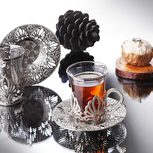 LaModaHome Fancy Vintage Handmade Turkish Tea Glass Set of 6 with Saucer and Holders, Porcelain Ottoman & Arabic Cups for Serving Guests, Teatime, Dinner, Housewarming Gifts - Silver