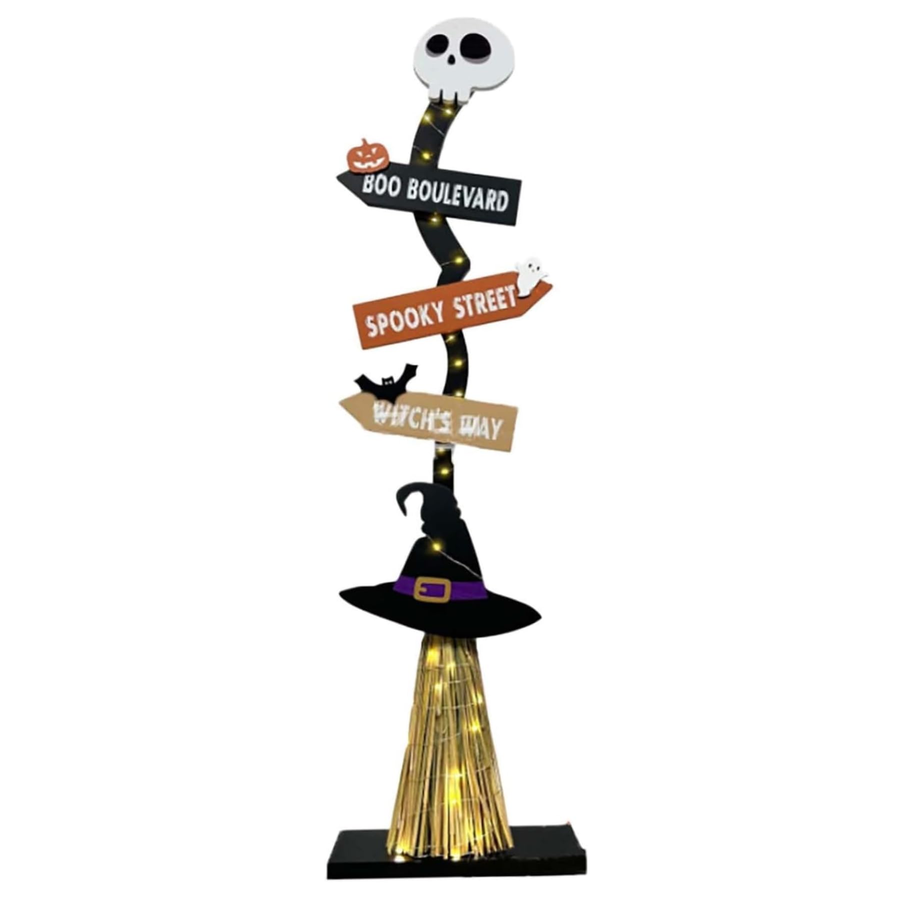 Ameble Halloween Porch Sign 43.3'' Wood Halloween Porch Decor with Light Strip Easy Assembly Witch Broom Shape Road Sign with Skeleton Top for Outdoor Decorations