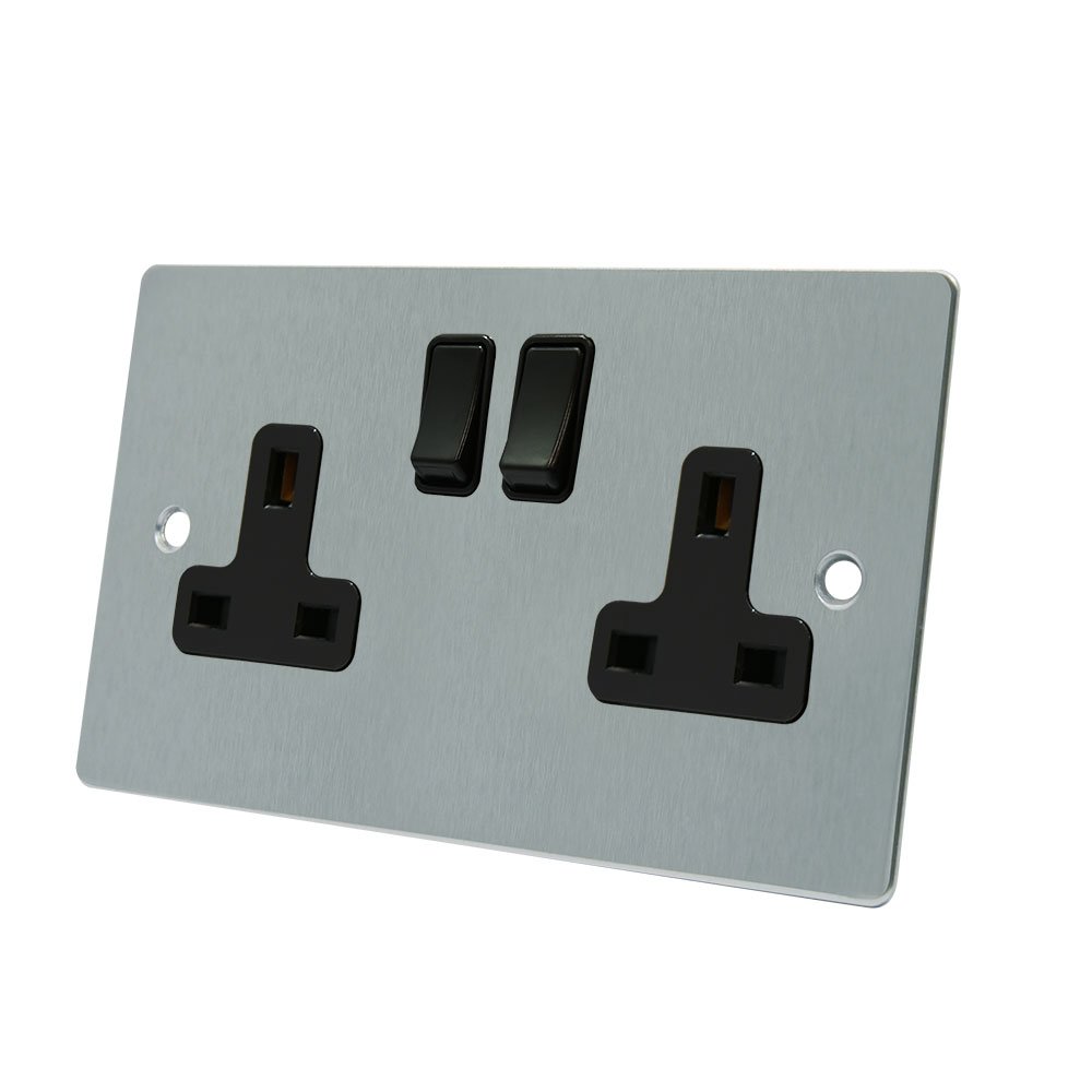Aet Fsc2gsocbl Satin Chrome Flat Black Insert Plastic Rocker Switches-13 Amp Double 2-Gang Plug Socket, 240 V 700461521846
