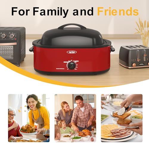 Sunvivi Roaster Oven with Self-Basting Lid,18 Quart Electric Roaster with Removable Pan & Rack,150-450°F Full-Range Temperature Control with Defrost/Warm Function,Stainless Steel,Red