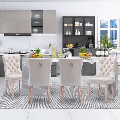 SoarFlash Juego de 4 Sillas de Comedor en Terciopelo, con Espaldar ala Acolchado, Remaches de Clavos, Forro Remachado, Aro Decorativo Trasero y Patas de Madera, Beige