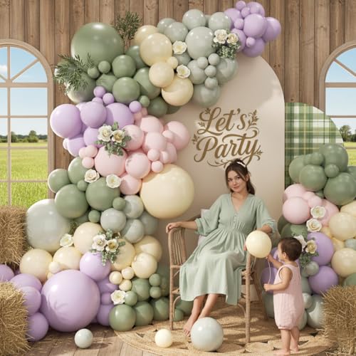 Image of Pastel Balloon Arch Garland Kit 154pcs, Double Stuffed Light Green Sage Green Purple Yellow Macaron Pink Balloons Arch Kit for Wildflower Baby Shower Wedding Birthday Party Decorations