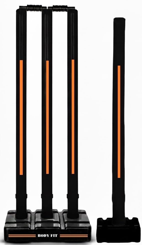 Image of Bodyfit PremiumCricket Stumps | PVC Wickets Set with 4 Stumps + 2 Bails + 2 Stands | Full Size Wickets for Cricket Ground, Tournament Wicket. (Black-Ora)