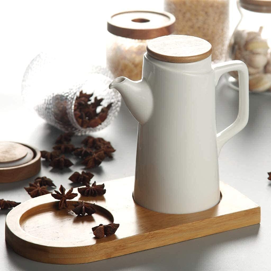 Dispensador de Aceite y vinagre, Botella de 500 ml para vinagre, Aceite de cerámica, Salsa de Soja, Tapa de Madera a Prueba de Polvo.
