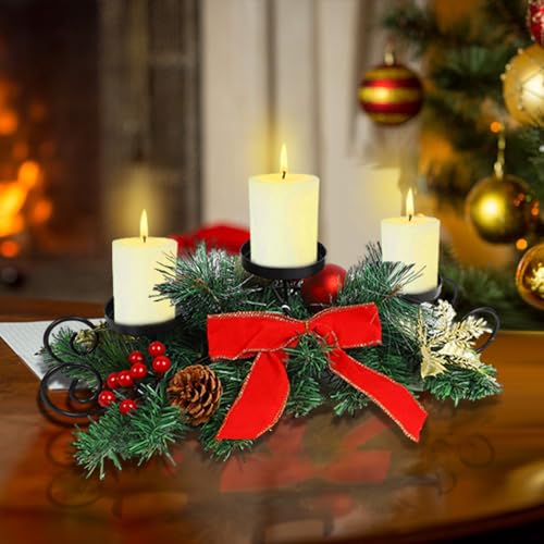 MorTime Christmas Candle Holder Centerpiece, Xmas Tabletop Decor with Red Bow Berries Pinecones, Table Centerpiece with Steel Base for Christmas Decoration