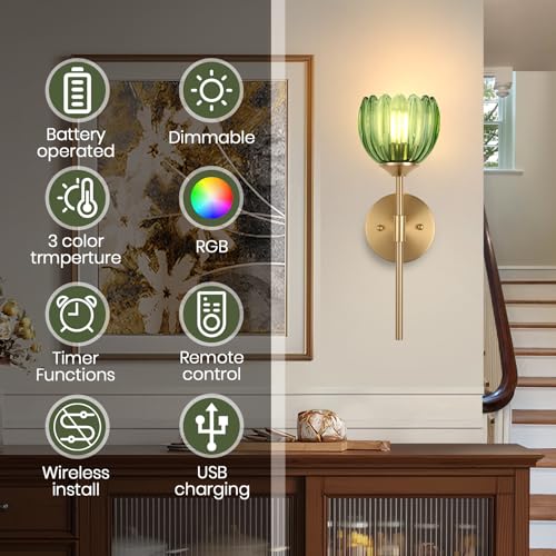 Image of Vintage Battery Operated Wall Sconce Set of Two,Rechargeable Wall Lights with RGB Dimmable Detachable Bulbs and Remote,12 Colors Wireless Wall Lamps for Bedroom Living Room Hallway (Green)