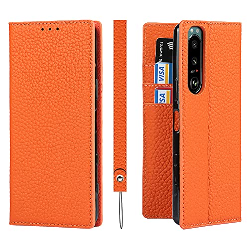 Xperia 5 III ケース手帳型 SO-53B SOG05 A103SO ケース Pelanty 牛革製品 本革レザー 財布型カバー Sony Xperia 5 III カード収納 スタンド機能 内蔵マグネット 手作り柔らかい スマホケース ソニー エクスペリア5III so53b 5 3代 携帯カバー ストラップ付 ヘッドフォンケーブル 耐衝撃 オレンジ