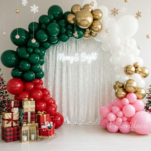 Image of Christmas Balloon Arch Kit - Green, Pink, Red, White & Gold Balloons