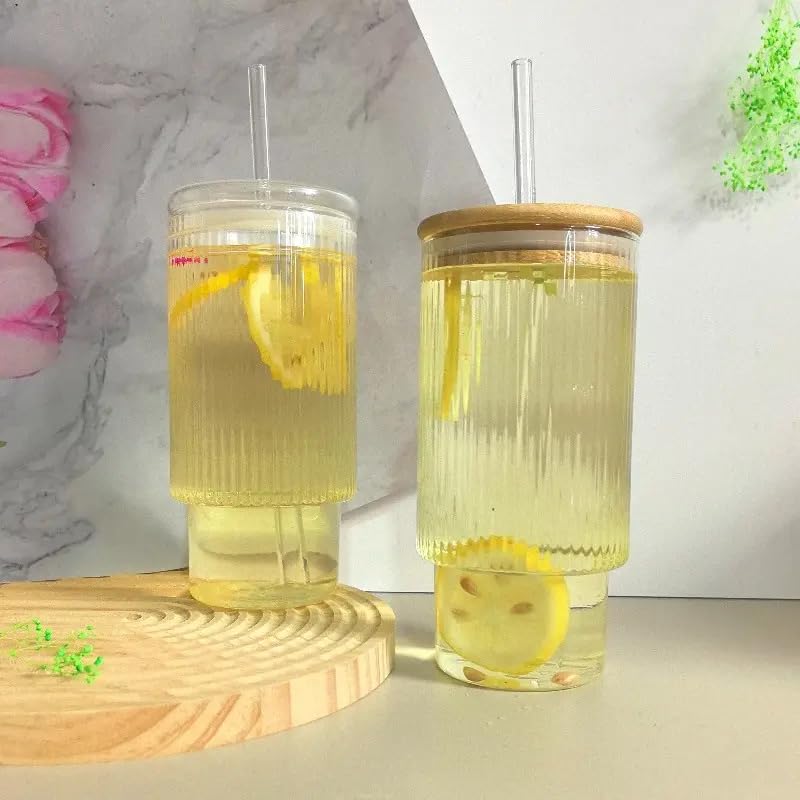 Image of ANKUL Ribbed Drinking Glasses Tumbler Set of 1 Wooden Lids and Straws - 300ml Clear Fluted Textured Vertical Stripe Glass Sipper Iced Coffee Cups for Beer-Cocktail-Beverage (1, Lining)