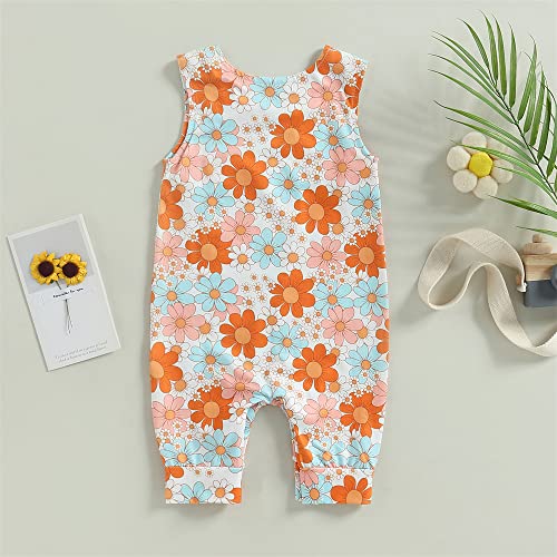 Infant Baby Girl Groovy Floral One Piece Romper Outfit Cute Girls Sleeveless Flower Bodysuit Jumpsuit Clothes (Orange,12-18 Months) #TOP2