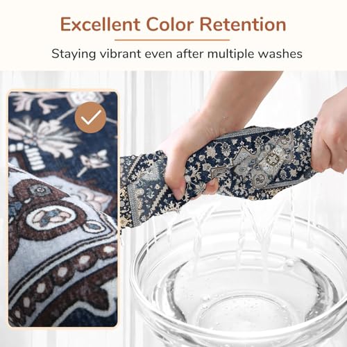 OPPODREAM Soft 10x14 Area Rugs, Washable Rugs 10x14 with Non Slip Backing, Low-Pile Faux Cashmere 10 x 14 Carpet, Navy Blue & Gold