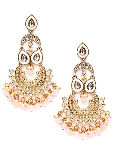 Image of Karatcart Gold Plated Pink Meena Lotus Design Kundan Dangler Earrings for Women (color may slightly vary due to photographic effect)