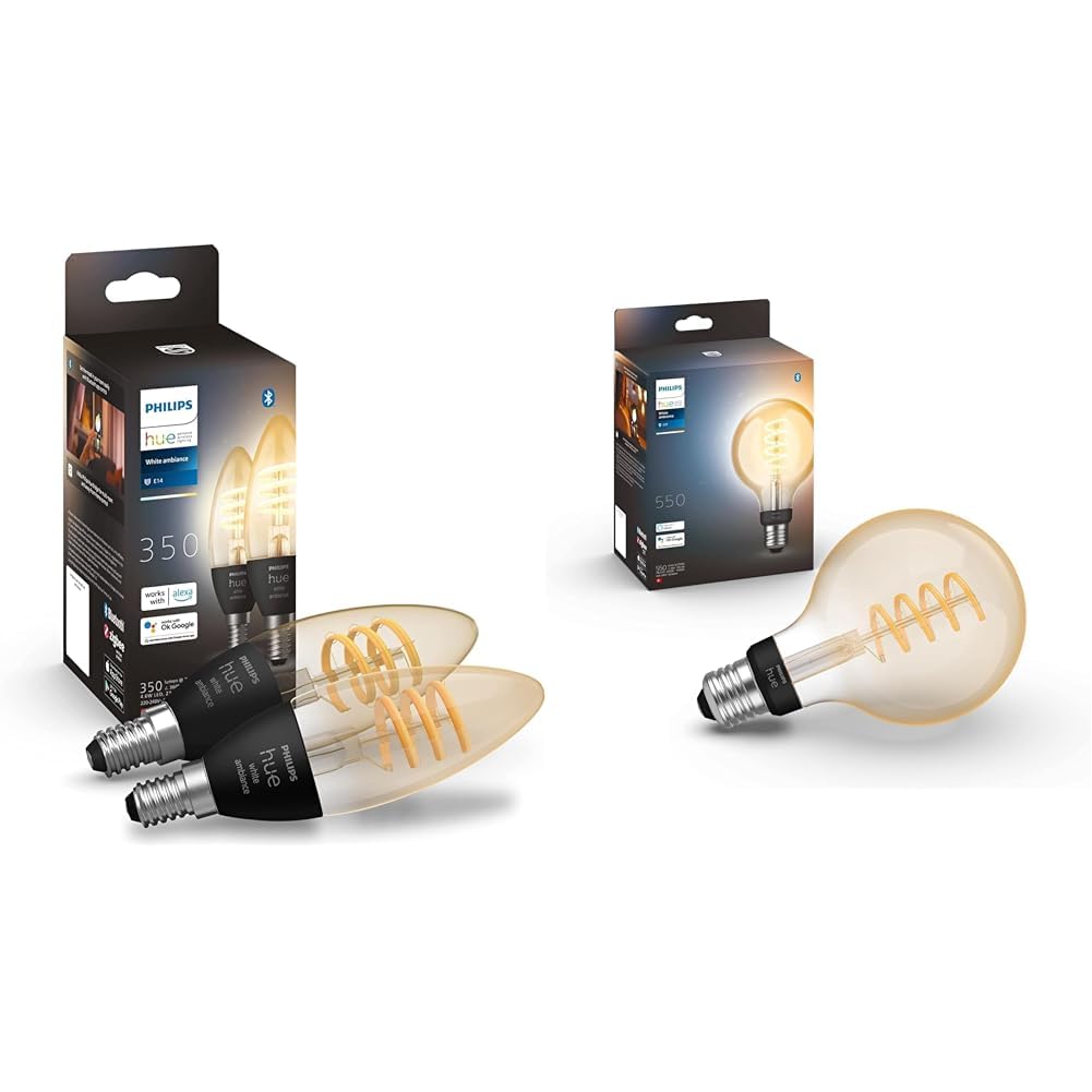 Philips Hue White Ambiance Filament, smarte E14 LED Lampe & White Ambiance E27 Einzelpack Globe G93 Filament 550lm, dimmbar