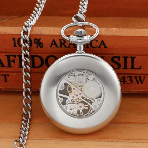 Image of Uncovered Men's Mechanical Pocket Watch with Chain, Uncovered Roman Design Dial Chain Mechanical Pocket Watches for Men