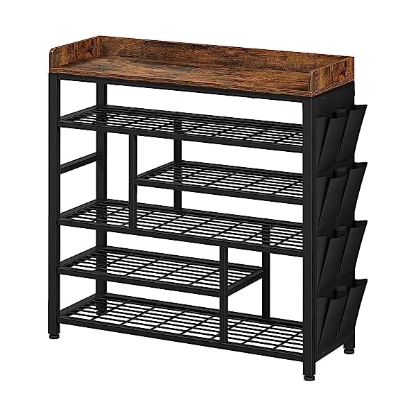   EnHomee-Metal-Shoe-Rack-for-Entryway-with-Boots-Storage-for-22-Pairs-Wood-Shoes-Rack-Wooden-Top-and-Side-Pocket-for-Entry-Entrance-Hallway-Black