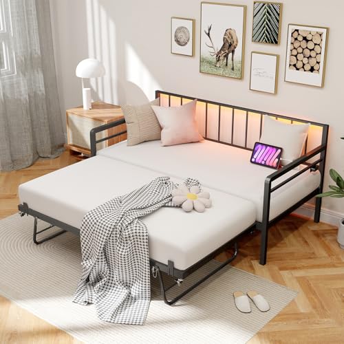 Zevemomo Twin Daybed with Pop Up Trundle, Metal Day Bed Frame with LED Lights and Charging Station, Day Bed with Trundle Bed Twin, Black Daybed for Living Room, Bedroom, Guest Room