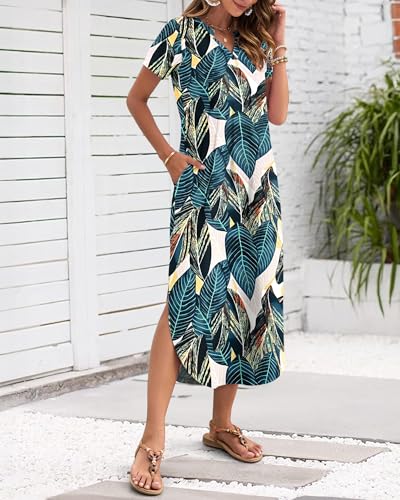Image of MISFAY Women's Summer Maxi Dress 2026 Casual Short Sleeves V Neck Loose Sundress Split Long Beach T Shirt Dress